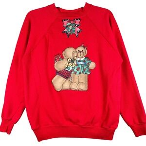 VINTAGE 80s Pannill Sweatshirt Mens Large Red Teddy Bear Christmas USA Made